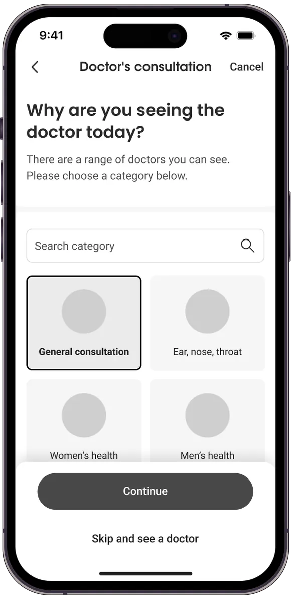 Tested screen: choose a category before seeing a doctor