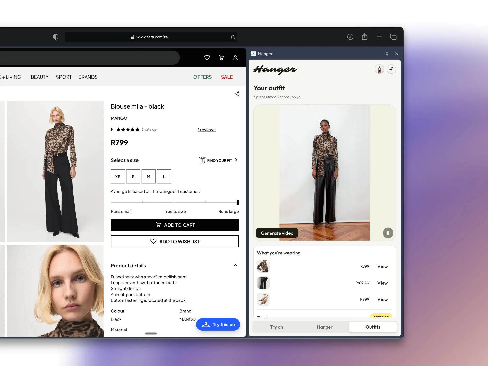 Your outfit: three pieces from three shops on you, with Generate video and what you are wearing