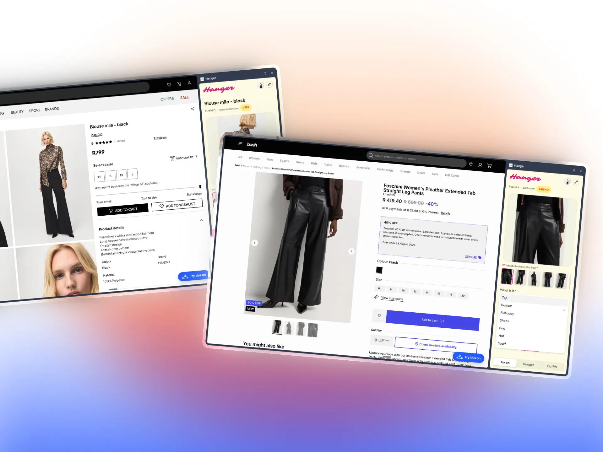Two browser windows, a Mango blouse and Foschini leather pants, each with the Hanger panel