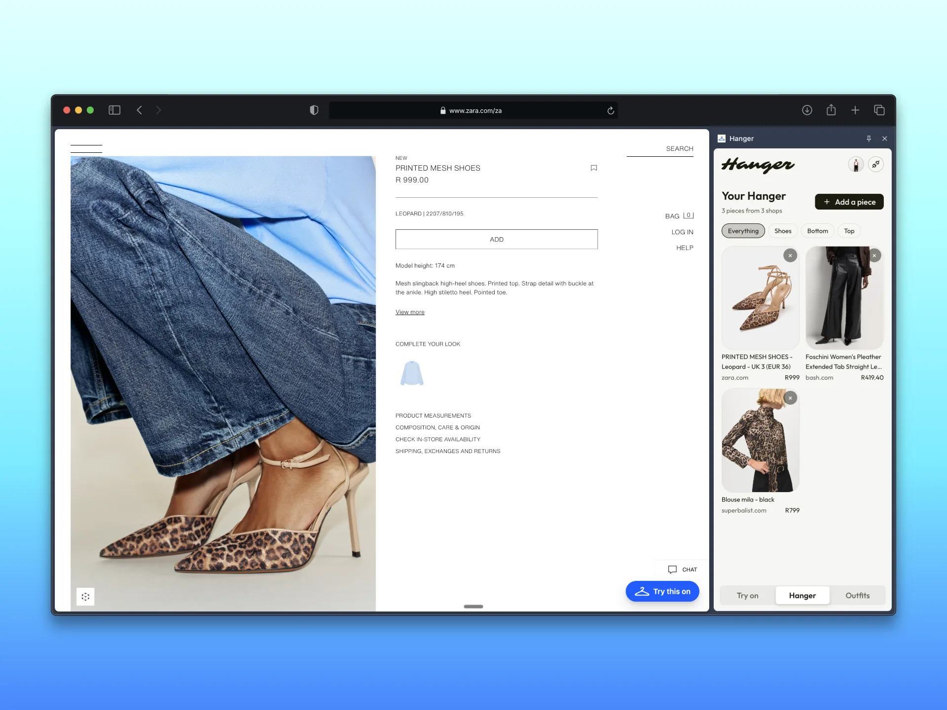 Your Hanger beside a Zara shoe page: three pieces from three shops