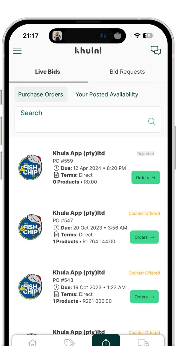 The old Live Bids screen, a list of purchase orders