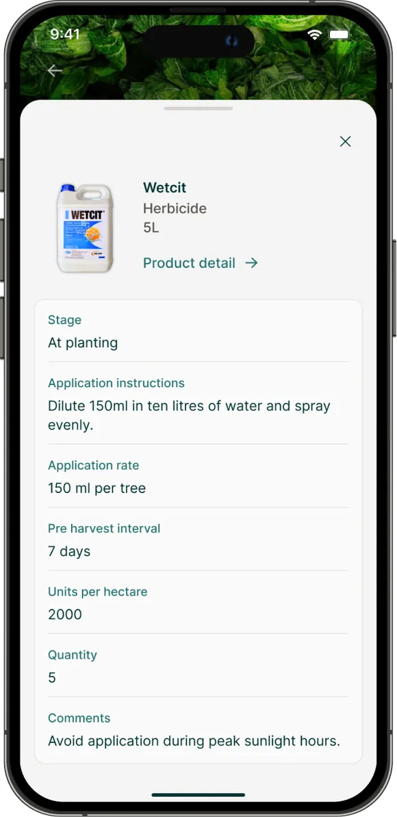 Product detail for Wetcit herbicide: stage, application rate, pre-harvest interval