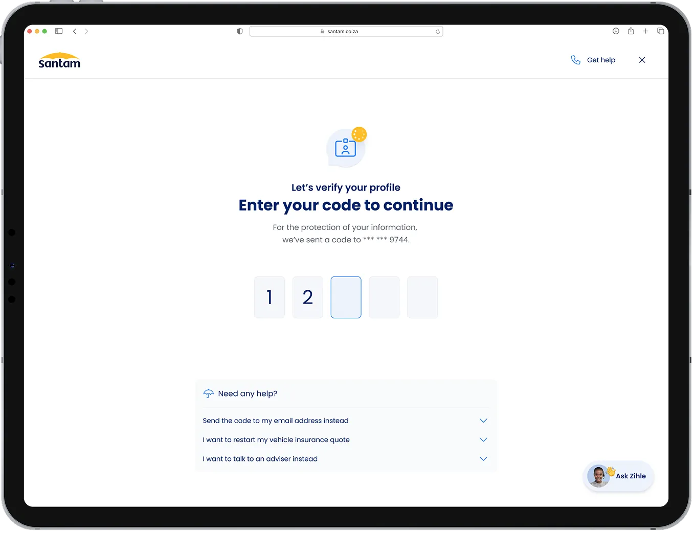 Verify your profile: enter the code sent to your phone